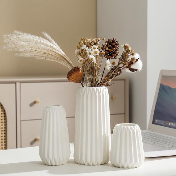 Sawoake Keramik Vasen Set von 3 - Weiße Matte Vasen für Pampasgras, Trockenblumen & Home Decor, Modernes Boho und Skandinavisches Design mit Natürlicher Textur（Wohnzimmer, Esszimmer, Hochzeitstisch）
