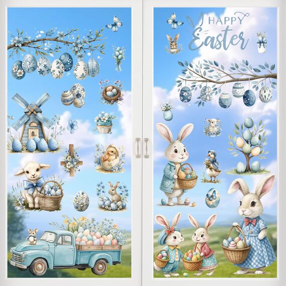 BBLIKE 9 Blätter Ostern Fensterbilder - Gefärbte Eier Häschen Selbstklebend Doppelseitig Bedruckt Fenstersticker, Wiederverwendbare Fensterbilder für Fensterdeko
