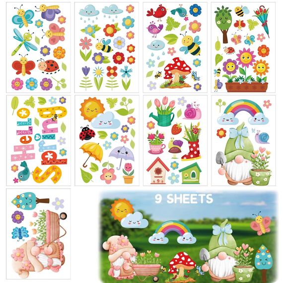 BBLIKE Fensterbilder Frühling 9 Blätter Fenstersticker Frühling Ostern Selbstklebend Schmetterling Blumen Vogel Baum Fensteraufkleber Wiederverwendbare für Fensterdeko Kinderzimmer Party Zubehör