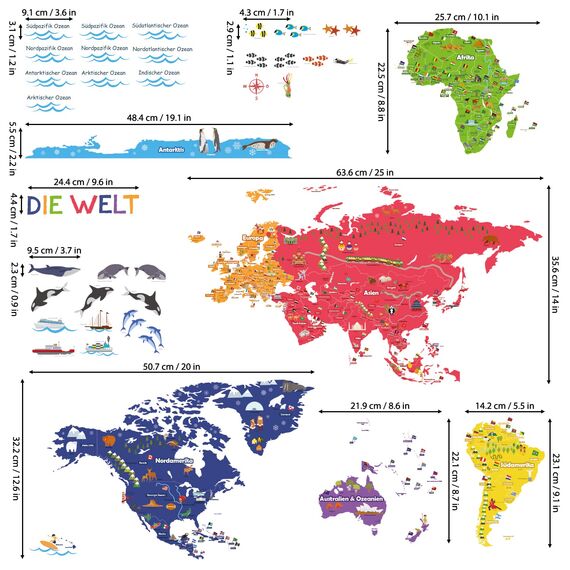 DECOWALL SG2-2301DE Weltkarte Wandaufkleber Kinder Kinderzimmer Wandtattoo Wohnkultur Kunst Reise Jungenzimmer Baby 3D Holz Internationales Farbposter Kinderzimmer