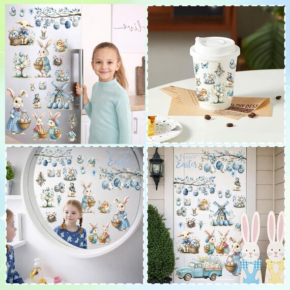 BBLIKE 9 Blätter Ostern Fensterbilder - Gefärbte Eier Häschen Selbstklebend Doppelseitig Bedruckt Fenstersticker, Wiederverwendbare Fensterbilder für Fensterdeko
