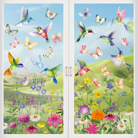 BBLIKE 9 Blätter Frühling Fensterbilder - Kolibri Blume Selbstklebend Doppelseitig Bedruckt Fenstersticker, Wiederverwendbare Fensterbilder für Fensterdeko