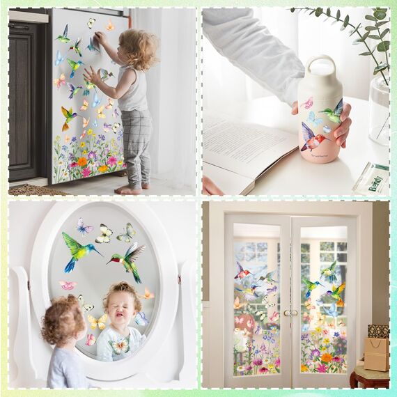 BBLIKE 9 Blätter Frühling Fensterbilder - Kolibri Blume Selbstklebend Doppelseitig Bedruckt Fenstersticker, Wiederverwendbare Fensterbilder für Fensterdeko