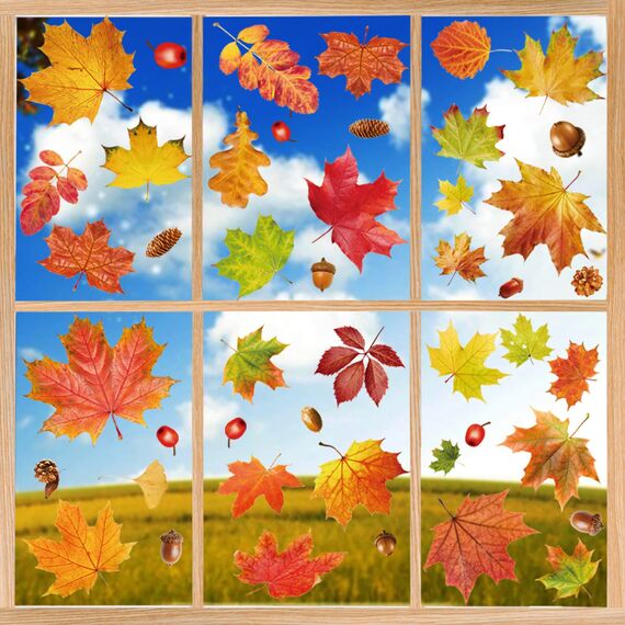 BBLIKE 6 Stück Herbstdeko Herbst Fensterbilder Erntedankfest Fensterufkleber Fensterbilder Selbstklebend Thanksgiving Herbstdekorationen Ahornblätter Marone Fenster Sticker für Kinderzimmer Cafe
