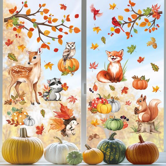 decalmile Fensterbilder Kinderzimmer Herbst Fensteraufkleber Herbst Ahornblätter Kürbis Waldtiere Fenster Wiederverwendbar Fenstersticker Glas Herbstdeko Aufkleber