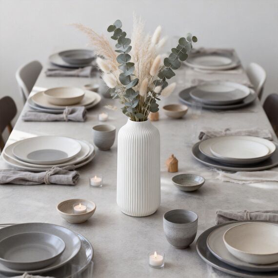 flature Keramik Vase mit Rillen - Dekovase Klein für Pampasgras als Boho Deko, kleine Blumenvase Weiß Matt 21cm hoch für Flowers, Wohnungsdeko für frische Blumen, Trockenblumen, Esstisch, Büro (Gr.M)