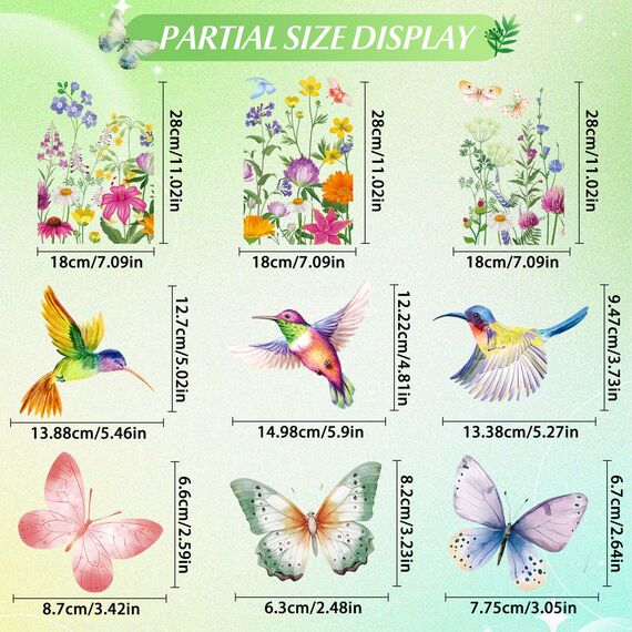 BBLIKE 9 Blätter Frühling Fensterbilder - Kolibri Blume Selbstklebend Doppelseitig Bedruckt Fenstersticker, Wiederverwendbare Fensterbilder für Fensterdeko