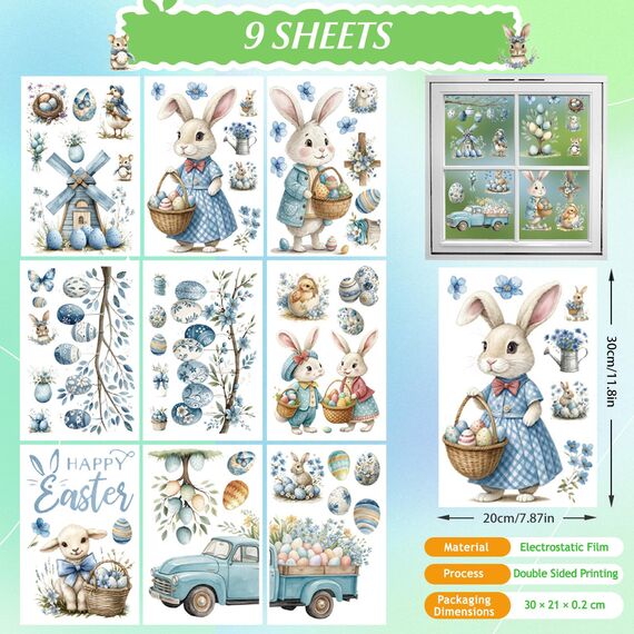 BBLIKE 9 Blätter Ostern Fensterbilder - Gefärbte Eier Häschen Selbstklebend Doppelseitig Bedruckt Fenstersticker, Wiederverwendbare Fensterbilder für Fensterdeko