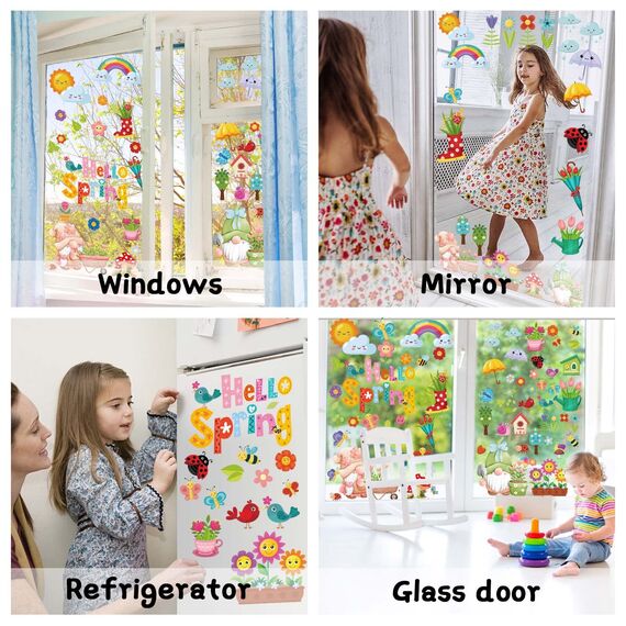 BBLIKE Fensterbilder Frühling 9 Blätter Fenstersticker Frühling Ostern Selbstklebend Schmetterling Blumen Vogel Baum Fensteraufkleber Wiederverwendbare für Fensterdeko Kinderzimmer Party Zubehör