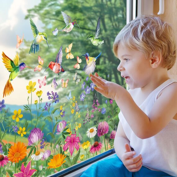 BBLIKE 9 Blätter Frühling Fensterbilder - Kolibri Blume Selbstklebend Doppelseitig Bedruckt Fenstersticker, Wiederverwendbare Fensterbilder für Fensterdeko
