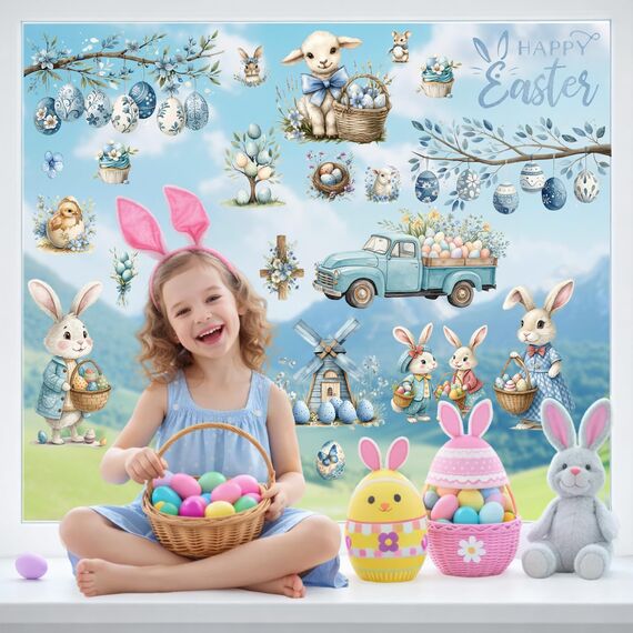 BBLIKE 9 Blätter Ostern Fensterbilder - Gefärbte Eier Häschen Selbstklebend Doppelseitig Bedruckt Fenstersticker, Wiederverwendbare Fensterbilder für Fensterdeko