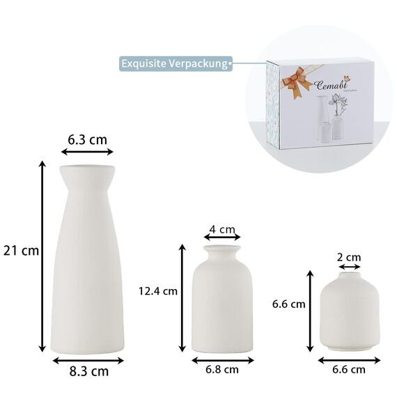 CEMABT Weiß Keramik Vasen 3er-Set Kleine Blumenvasen für Dekor, Moderne rustikale Bauernhaus Home Decor, Dekorative Vasen für Pampas Grass&getrocknete Blumen, Idee Regal,Tisch, Bücherregal,Mantel