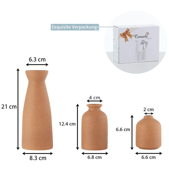 CEMABT Braun Keramik Vasen 3er-Set Kleine Blumenvasen für Dekor, Moderne rustikale Bauernhaus Home Decor, Dekorative Vasen für Pampas Grass&getrocknete Blumen, Idee Regal, Eingangsbereich- Distressed