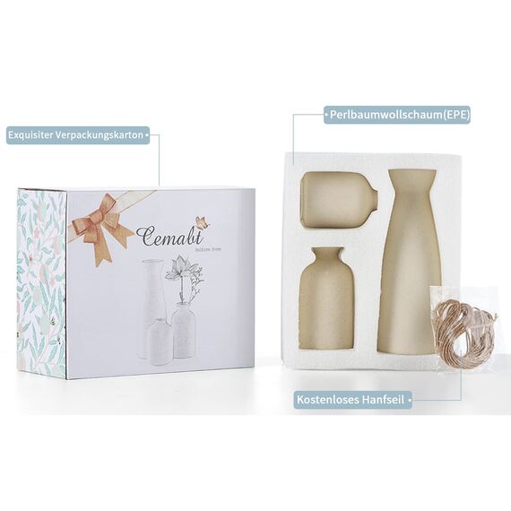 CEMABT Keramik Vasen 3er-Set Kleine Blumenvasen für Dekor, Moderne rustikale Bauernhaus Home Decor, Dekorative für Pampas Grass&getrocknete Blumen, Idee Regal,Tisch, Bücherregal,Mantel (Natur)