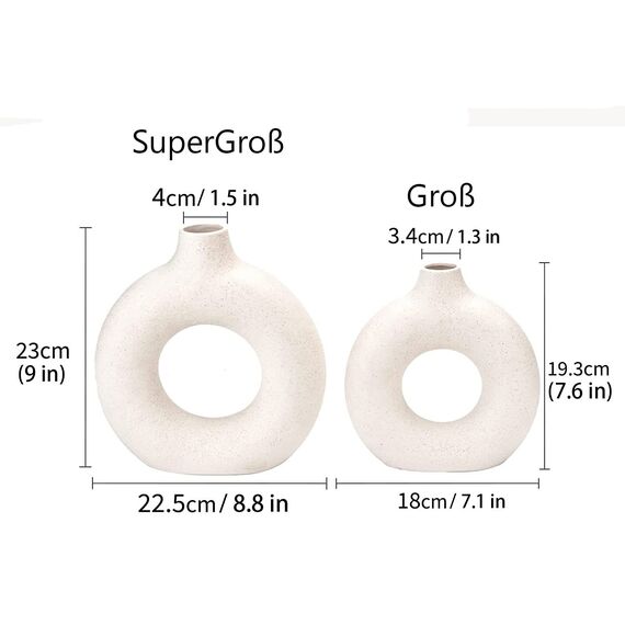 Sawoake Weiße Donut Keramik Vase Satz von 2 für Moderne Home Decor, Runde Matte Vasen für Pampasgras, Neutral Boho Nordic Minimalismus Stil Blumenvasen（Supergroß+Groß）