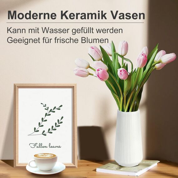 Keramik Vase, GUKJOB Blumenvase Keramik Vasen für Blumen, Dekorative Vasen für Pampasgras Deko, Modern Kleine Vase für Home Wohnzimmer Esstisch Bauernhaus Büro Dekor (Weiß)