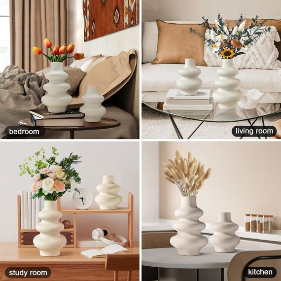 2 Stück Runde Keramik Vasen Beige Vase für moderne Heimdekoration Boho Vase für Bauernhaus Hochzeit Esszimmer Büro Mittelstück