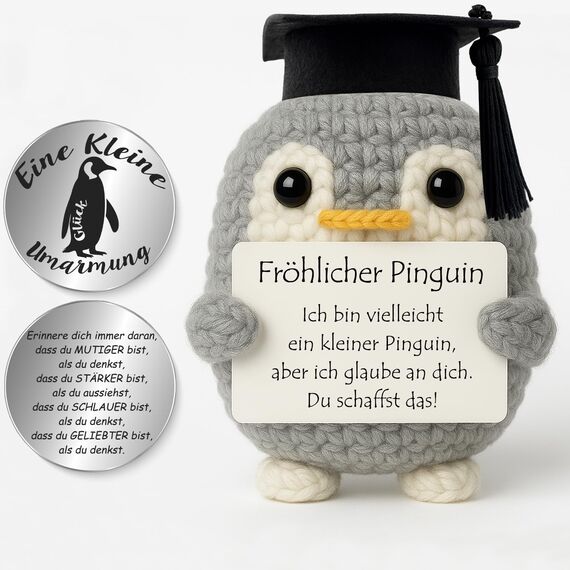 Tixlux Pocket Hug Fröhlicher Pinguin, Kreative Strickwolle Pinguin Puppe und Kleine Umarmung Glücksbringer, MutmacherGeschenk, Gute Besserung Geschenk, Einschulung Geschenk