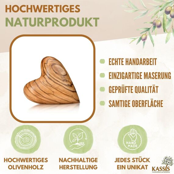 Kassis Geschenkartikel Personalisiertes Herz 5,50 cm Handschmeichler aus Olivenholz, handgefertigtes Geschenk aus Bethlehem zur Taufe, Kommunion, Hochzeit, Valentinstag, Muttertag und als Trostspender