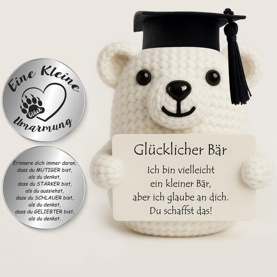 Tixlux Pocket Hug Glücklicher Bär, Kreative Strickwolle Bär Puppe und Kleine Umarmung Glücksbringer, MutmacherGeschenk, Gute Besserung Geschenk, Einschulung Geschenk Weiß