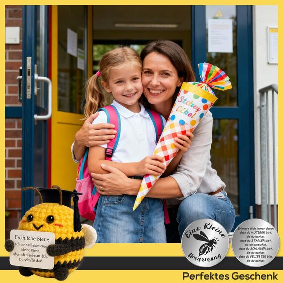 Tixlux Pocket Hug Fröhliche Biene, Kreative Strickwolle Biene Puppe und Kleine Umarmung Glücksbringer, MutmacherGeschenk, Gute Besserung Geschenk, Einschulung Geschenk