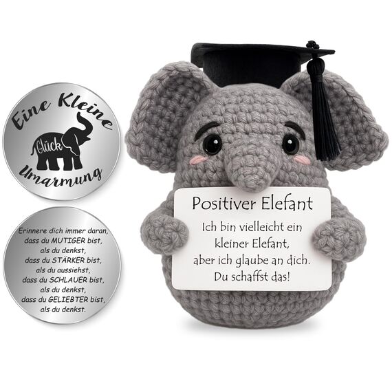 Tixlux Pocket Hug Positiver Elefant, Kreative Strickwolle Elefant Puppe und Kleine Umarmung Glücksbringer, MutmacherGeschenk, Gute Besserung Geschenk, Einschulung Geschenk