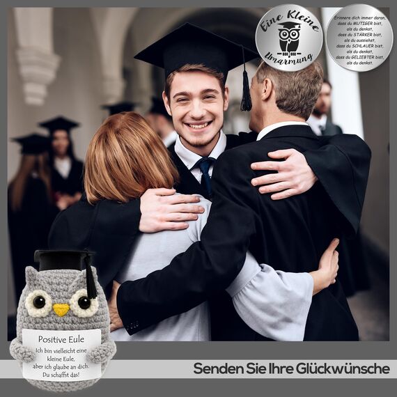 Tixlux Pocket Hug Positive Eule mit Doktorhut, Kreative Strickwolle Eulen-Puppe und Kleine Umarmung Glücksbringer, MutmacherGeschenk, Gute Besserung Geschenk, Einschulung Geschenk