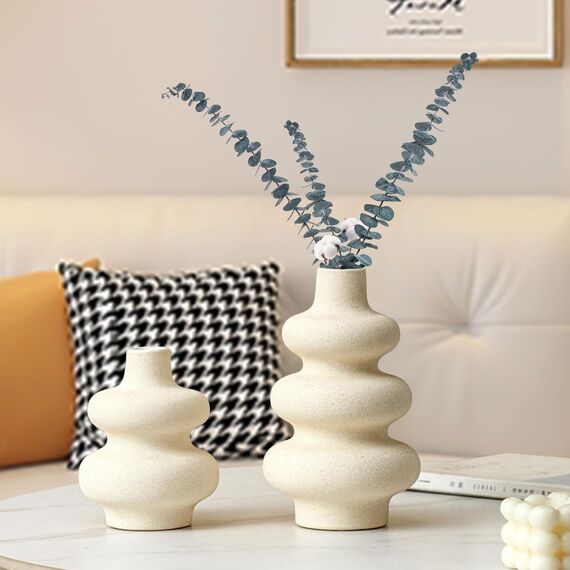2 Stück Runde Keramik Vasen Beige Vase für moderne Heimdekoration Boho Vase für Bauernhaus Hochzeit Esszimmer Büro Mittelstück