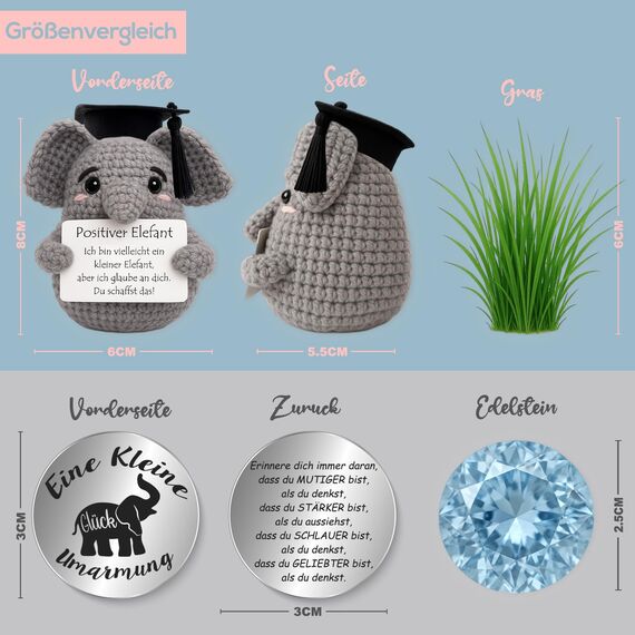 Tixlux Pocket Hug Positiver Elefant, Kreative Strickwolle Elefant Puppe und Kleine Umarmung Glücksbringer, MutmacherGeschenk, Gute Besserung Geschenk, Einschulung Geschenk