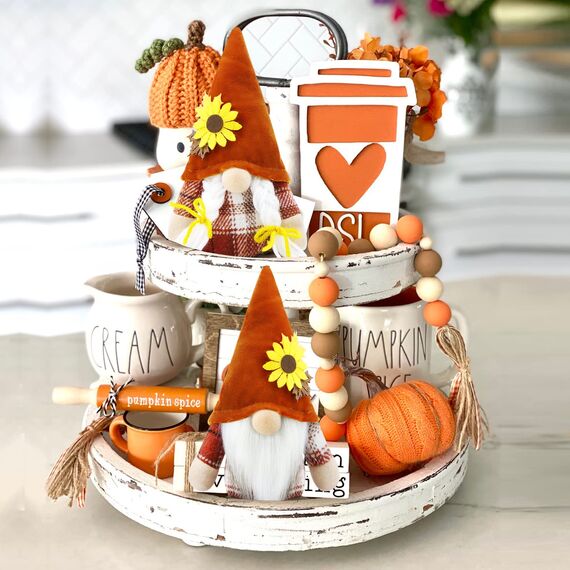 Godeufe 2 Stück Herbstdeko Wichtel Figuren Deko Herbst Dekoration Autumn Zuhause Elf Statue Tomte Urlaub Küche Gestuftes Tablett Party-Dekorationen