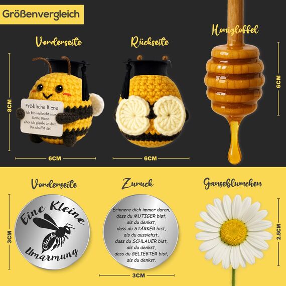 Tixlux Pocket Hug Fröhliche Biene, Kreative Strickwolle Biene Puppe und Kleine Umarmung Glücksbringer, MutmacherGeschenk, Gute Besserung Geschenk, Einschulung Geschenk