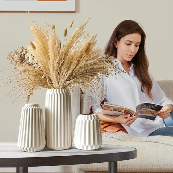 Vasen Deko -Weiße Keramik Vases Satz von 3 für Moderne Home Decor,Deco Matte Vase für Pampasgras,Vasen Deko Aesthetic Neutral Boho Skandinavische Deko Vases (A Weiß)
