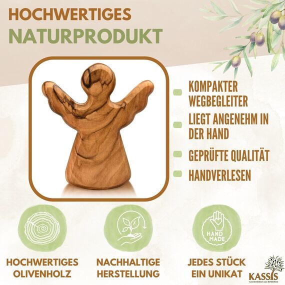 Kassis Geschenkartikel personalisierter Olivenholz-Schutzengel - Handgefertigte Engel-Figur aus Bethlehem - Schutzengel-Glücksbringer - (Wunschtext) - (1 Stück)