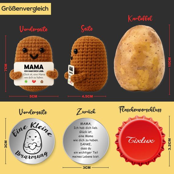 Tixlux Mama Pocket Hug Positive Kartoffel, Liebevoller Glücksbringer aus Strickwolle, Kleine Umarmung, Geburtstagsgeschenk für Mama, Ich hab Dich lieb, Muttertag & Frauentag