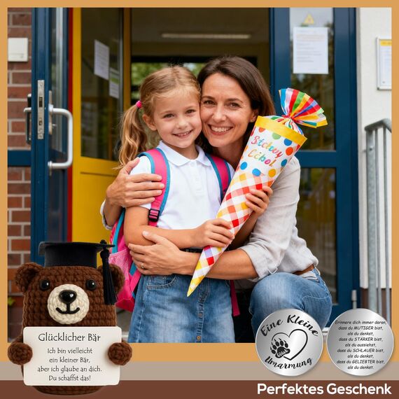 Tixlux Pocket Hug Glücklicher Bär, Kreative Strickwolle Bär Puppe und Kleine Umarmung Glücksbringer, MutmacherGeschenk, Gute Besserung Geschenk, Einschulung Geschenk