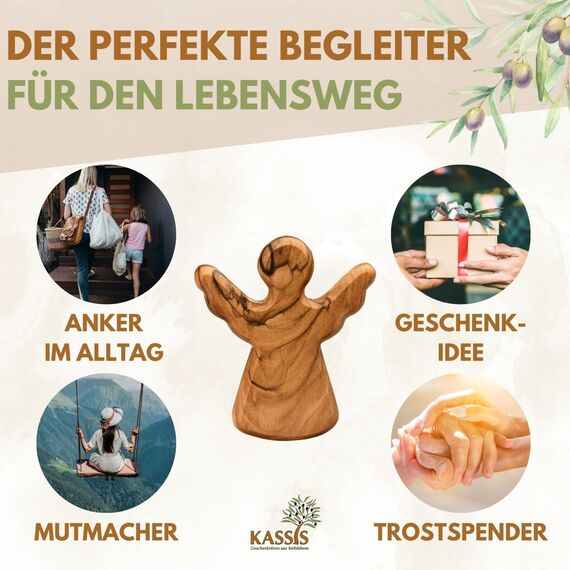 Kassis Geschenkartikel personalisierter Olivenholz-Schutzengel - Handgefertigte Engel-Figur aus Bethlehem - Schutzengel-Glücksbringer - (Wunschtext) - (1 Stück)