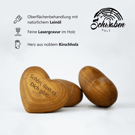 Schwabenholz® Handschmeichler Herz aus Holz - Schön, dass es Dich gibt! - Kleines Geschenk für sie und ihn - Holzherzen mit Gravur & einzigartiger Maserung