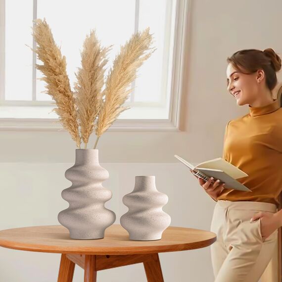 2 Stück Runde Keramik Vasen Beige Vase für moderne Heimdekoration Boho Vase für Bauernhaus Hochzeit Esszimmer Büro Mittelstück