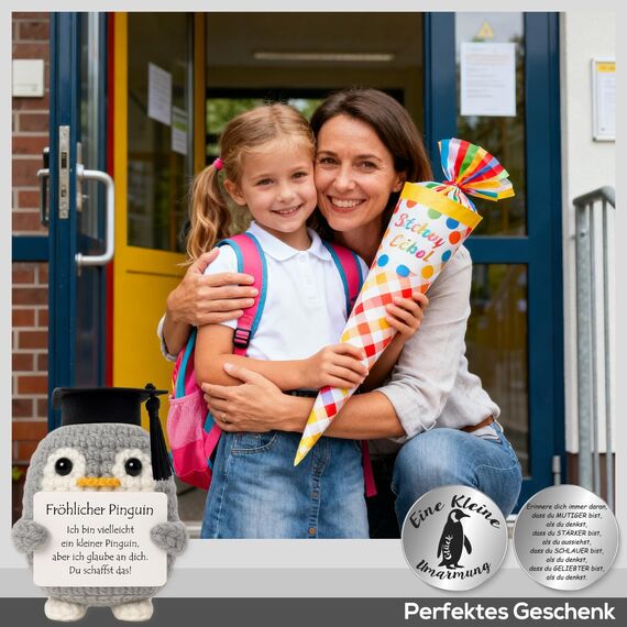 Tixlux Pocket Hug Fröhlicher Pinguin, Kreative Strickwolle Pinguin Puppe und Kleine Umarmung Glücksbringer, MutmacherGeschenk, Gute Besserung Geschenk, Einschulung Geschenk