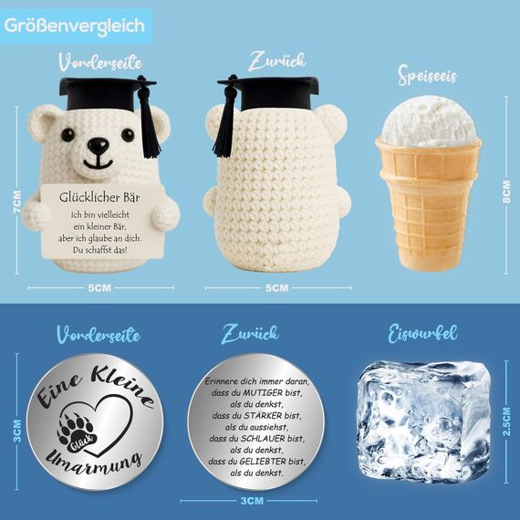 Tixlux Pocket Hug Glücklicher Bär, Kreative Strickwolle Bär Puppe und Kleine Umarmung Glücksbringer, MutmacherGeschenk, Gute Besserung Geschenk, Einschulung Geschenk Weiß