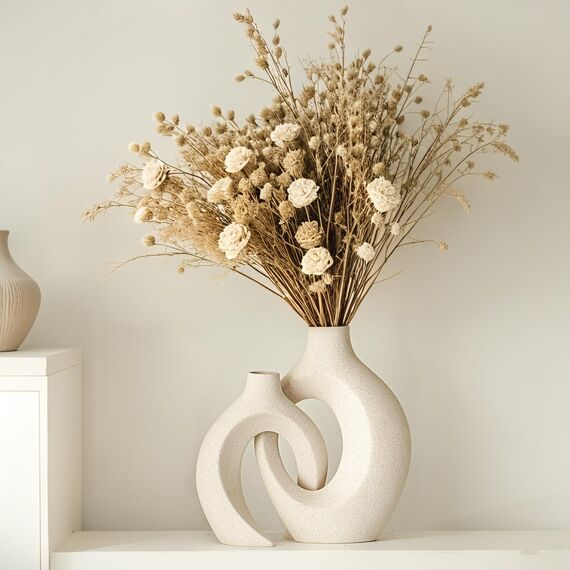 Keramik Vase, SUKIYPO 2er Set Hohle Beige Moderne Vasen für Nordisches, Vasen Deko, ästhetische Boho Blumenvase für Zuhause, Wohnzimmer, Büro, Bauernhaus, Couchtisch Dekoration