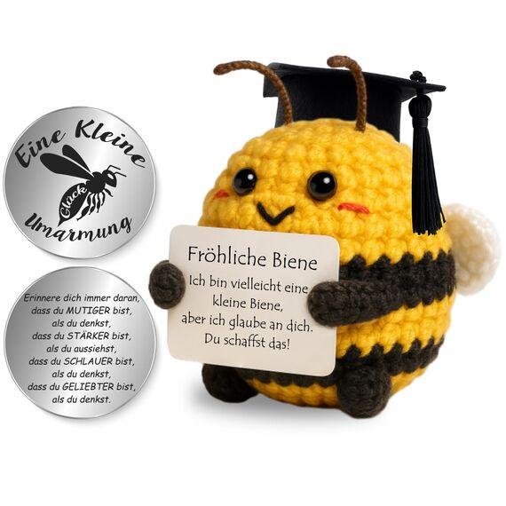Tixlux Pocket Hug Fröhliche Biene, Kreative Strickwolle Biene Puppe und Kleine Umarmung Glücksbringer, MutmacherGeschenk, Gute Besserung Geschenk, Einschulung Geschenk