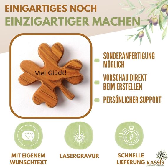 Kassis Geschenkartikel Kleeblatt als Handschmeichler – Glücksbringer aus Olivenholz, handgefertigt in Bethlehem – Taschenstein, Schutzsymbol, Sorgenfresser und Geschenkidee