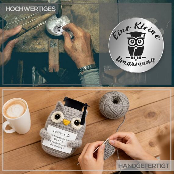 Tixlux Pocket Hug Positive Eule mit Doktorhut, Kreative Strickwolle Eulen-Puppe und Kleine Umarmung Glücksbringer, MutmacherGeschenk, Gute Besserung Geschenk, Einschulung Geschenk