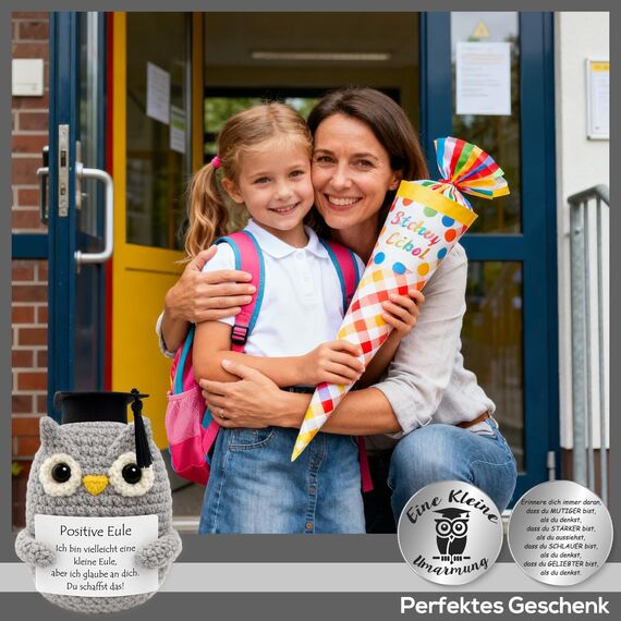 Tixlux Pocket Hug Positive Eule mit Doktorhut, Kreative Strickwolle Eulen-Puppe und Kleine Umarmung Glücksbringer, MutmacherGeschenk, Gute Besserung Geschenk, Einschulung Geschenk