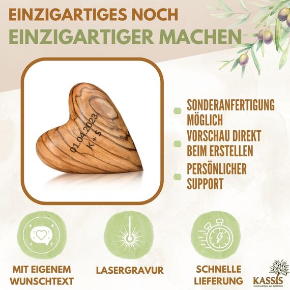 Kassis Geschenkartikel Herz 5,50 cm Handschmeichler aus Olivenholz – handgefertigtes Geschenk aus Bethlehem zur Taufe, Kommunion, Hochzeit, Valentinstag, Muttertag oder als Trostspender