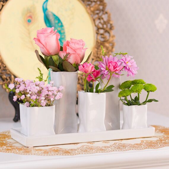 Jinfa Handgefertigte kleine Keramik Deko Blumenvasen Set aus 5 Vasen – ideal für Pampasgras, Trockenblumen, Bunny Tails und Boho Dekoration