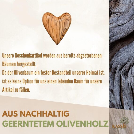 Kassis Geschenkartikel Personalisiertes Herz 5,50 cm Handschmeichler aus Olivenholz, handgefertigtes Geschenk aus Bethlehem zur Taufe, Kommunion, Hochzeit, Valentinstag, Muttertag und als Trostspender