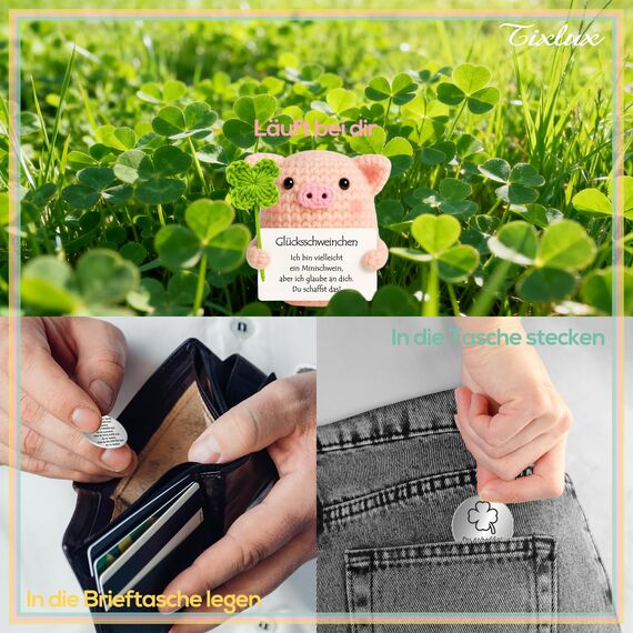 Tixlux Pocket Hug Glücksschweinchen mit Glücksklee, Kreative Strickwolle Minischwein Puppe und Kleine Umarmung Glücksbringer (Silber Ⅲ), MutmacherGeschenk, Gute Besserung, Einschulung Geschenk