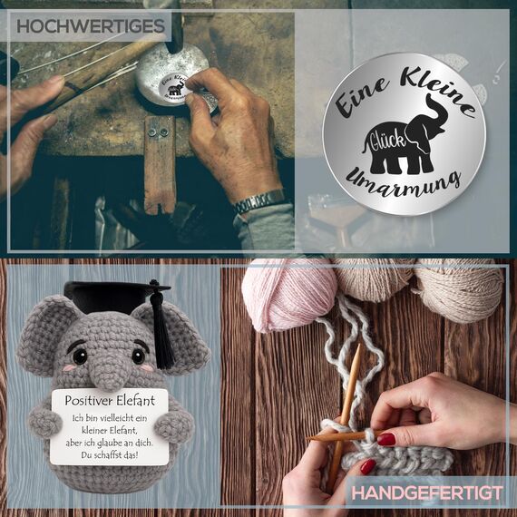 Tixlux Pocket Hug Positiver Elefant, Kreative Strickwolle Elefant Puppe und Kleine Umarmung Glücksbringer, MutmacherGeschenk, Gute Besserung Geschenk, Einschulung Geschenk